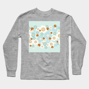 Blue and cream flowers with red ladybugs Long Sleeve T-Shirt